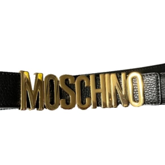 Moschino Logo Plate Belt Leather Patent Black Gold Spell Out Womens Size 48 main image 6